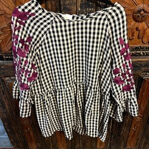 Black and White Checkered Top with Floral Embroidery